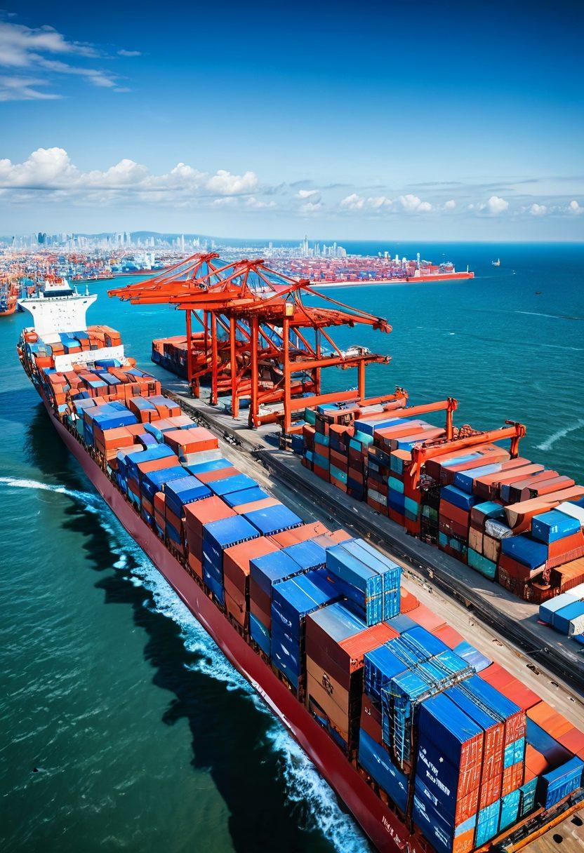 A dynamic scene showcasing cargo ships transitioning from the ocean to a bustling supply chain hub, with containers being loaded and unloaded, and cranes in action. Include a clear blue ocean in the background, modern warehouses filled with boxes, and a skyline of a thriving city in the distance. The image should capture motion and efficiency, symbolizing mastery in cargo services for 2023. super-realistic. vibrant colors. 3D.
