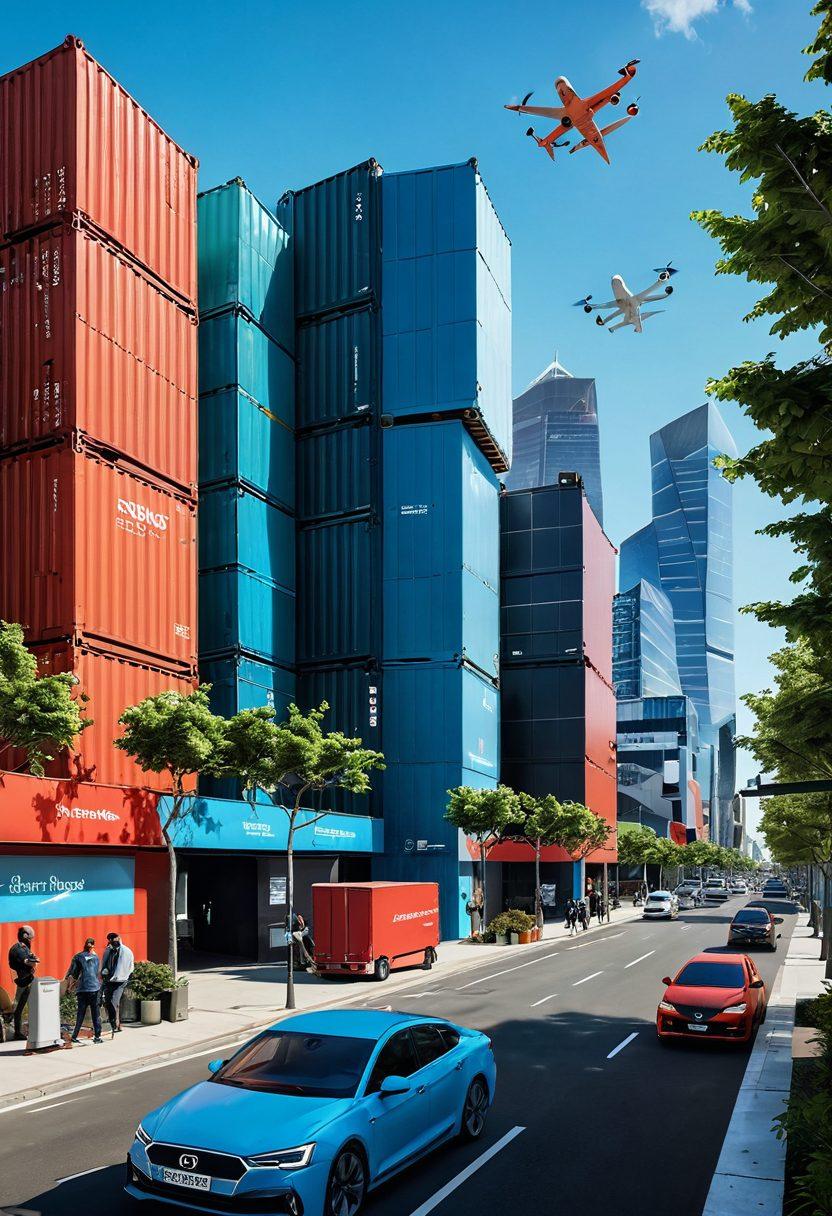 A dynamic cityscape showcasing a diverse range of logistics solutions, including drones delivering packages, electric trucks on smart roads, and shipping containers transformed into pop-up shops. The skyline reflects a modern industrial vibe, with green spaces and renewable energy sources integrated into the urban environment. Vibrant colors highlight the innovation and adaptability in logistics, set against a clear blue sky. super-realistic. vibrant colors. 3D.