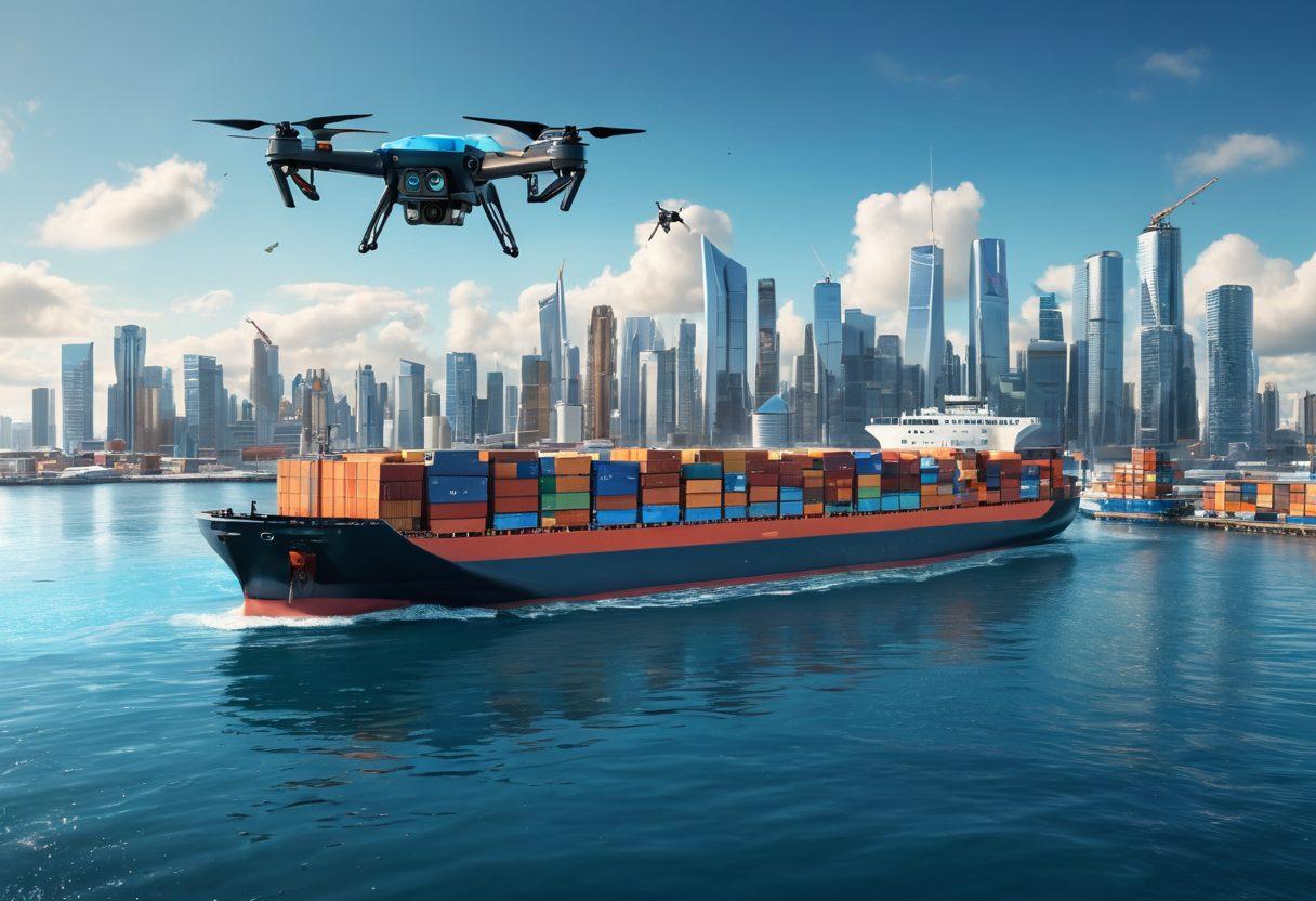 A futuristic cargo ship navigating through a clear blue ocean, with drones transporting packages overhead. In the background, a city skyline filled with advanced shipping docks and eco-friendly warehouses. Add symbols of connectivity like digital maps or routes overlaying the scene. Include vibrant colors to enhance energy and optimism for the future of logistics. super-realistic. vibrant colors. 3D.